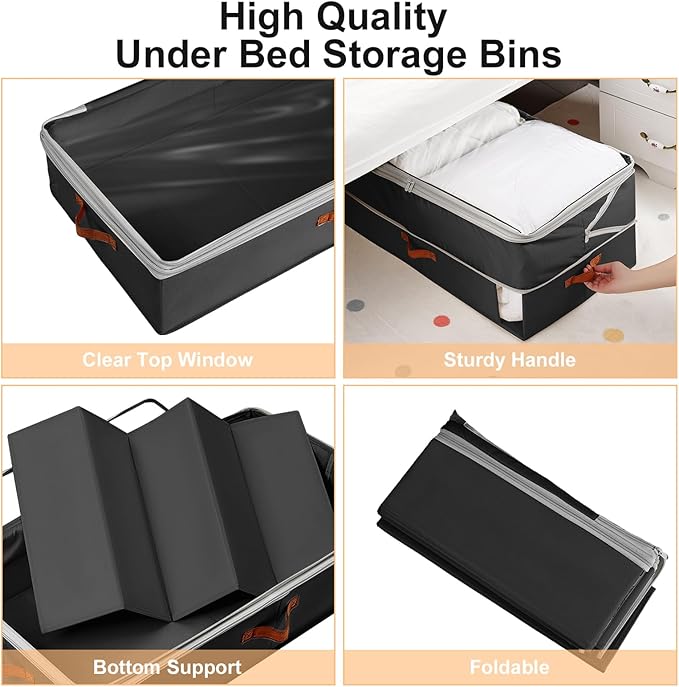 Under Bed Storage Bins - 98L Height-adjustable Under Bed Storage Containers, Compression Blanket Storage Comforter Storage Sweater Storage, Clothes Storage Bins With Clear Window, 2 Pack Black