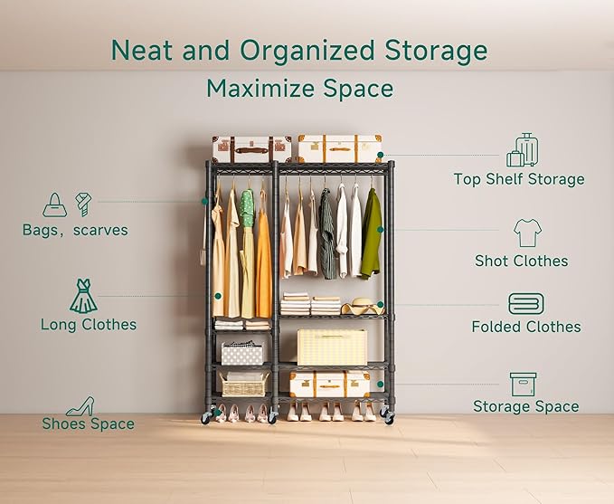 Rolling Clothes Rack, Heavy Duty Garment Rack for Hanging Clothes, Wire Adjustable Rolling Clothing Rack with Lockable Wheels & 2 Hanger Rods, Max Load 850LBS, Black