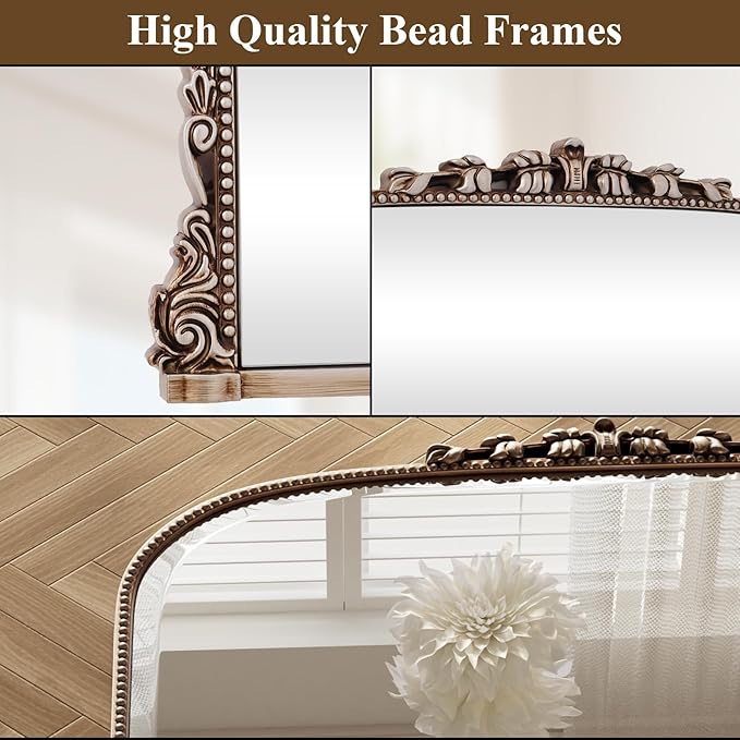 Wall Beaded Mirror, 36 x 27 Inch Round Top Right Angle Wall Mirror, Tempered Glass, Rust Resistant, Horizontally or Vertically Hanging, Silver