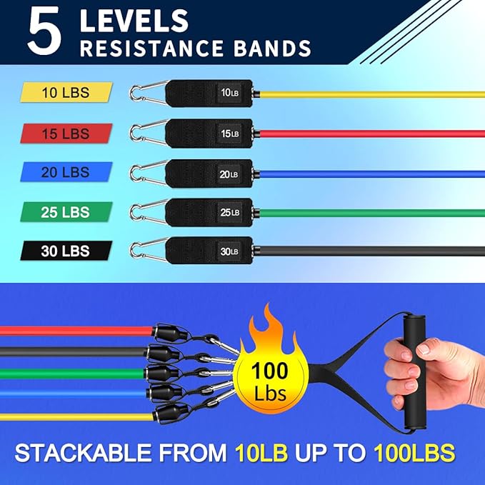 WHATAFIT Resistance Bands Set with Handles - Exercise Bands Home Gym Strength Training Equipment, Includes Door Anchor & Ankle Straps for Full Body Workout Bands, Physical Therapy - for Men and Women