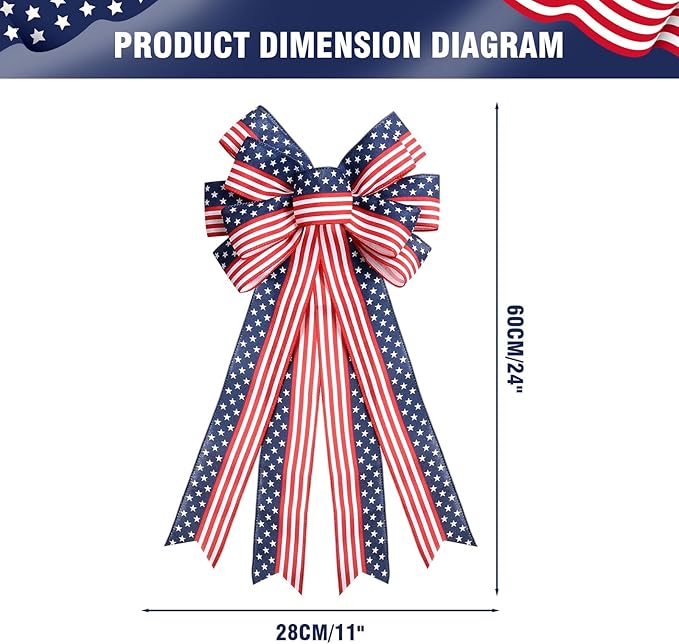 2PCS Large 4th of July Patriotic Bows for Wreath with Red White & Blue Stripe Stars Design for Front Door, Outdoor & Indoor Independence Day Decor