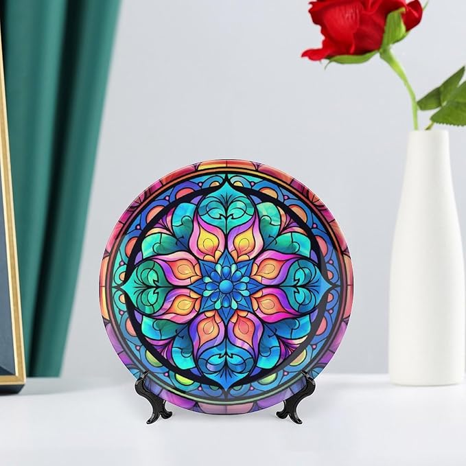 Decorative Plates for Wall Hanging, Abstract Iridescence Floral Stained Glass Design Ceramic Plate w/Display Stand, Home Decor for Kitchen Cabinets, Round Tray 7 Inch, Gift for Family Friends