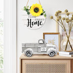 Sunflower Decor 13.4 Inch Vintage White Farmhouse Truck with 20 Magnets Sunflower Decorations for Home Kitchen Shelf Office Metal Pickup Interchangeable Seasonal Decor Garden Truck Planter