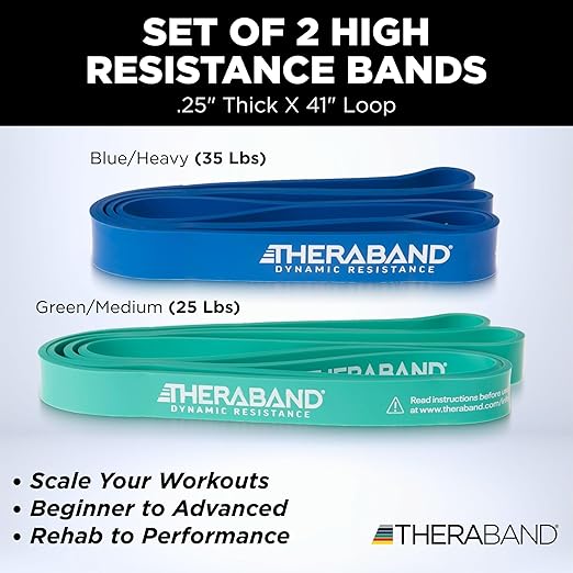 THERABAND High Resistance Bands, Set of 2 Elastic Super Bands for Improving Flexibility, Injury Rehab, & Full Body Workouts, Heavy Duty Stretch Bands for Lifting, 1 Medium & 1 Heavy Band, Multicolor