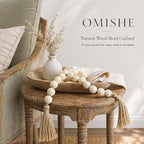 OMISHE 76" Long Extra Large Wood Bead Garland with 1.6" Diameter Wooden Beads and Tassels, Rustic Farmhouse Country Decorative Beads for Home Tiered Tray Decor, Natural Beige