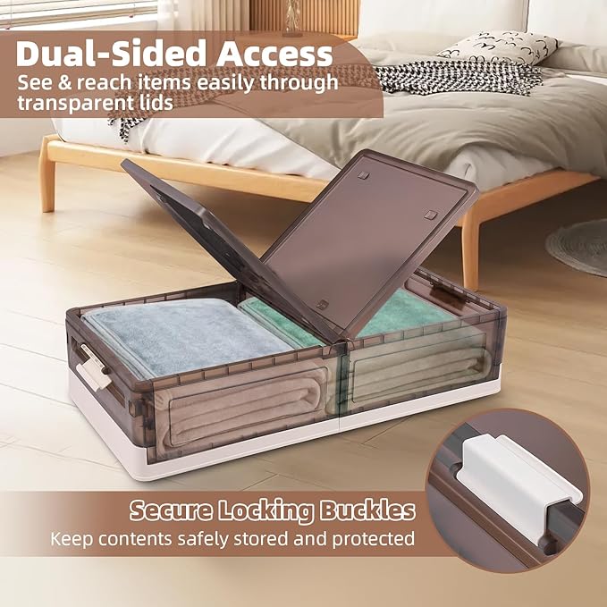 FAHKNS 2 Pack Under Bed Storage with Wheels, 17.2Gal Stackable Under Bed Storage Containers with Lids, Plastic Collapsible Organizer for Clothes and Shoes, Grey