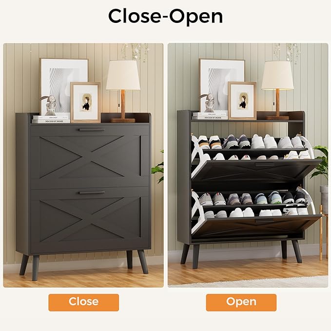 32" W Farmhouse Shoe Storage Cabinet with 2 Flip Drawers and Barn Door Design, Adjustable Shelves, Modern Hidden Slim Narrow Shoe Rack Cabinet for Entryway, Foyer, Hallway, Living Room, Black