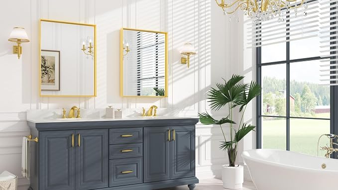 Keonjinn Gold Bathroom Vanity Mirror 24 x 32 Inch, Rectangular Wall Mirror, Aluminum Alloy Metal Frame Rectangle Modern Farmhouse Mirrors, Square Corner Framed Mirrors for Bathroom Sink
