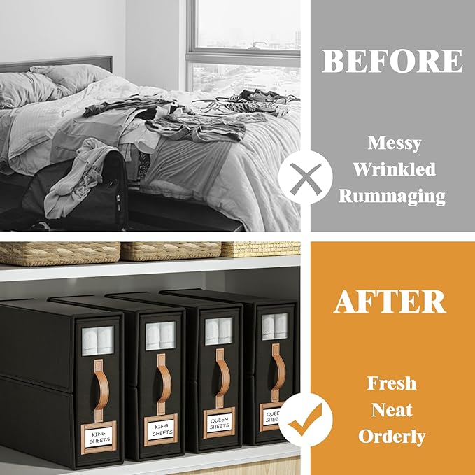 8 Pack Foldable Bed Sheets Set Organizers and Storage(King & Queen Size),Linen Fabric Closet Organizers with Window,Folding Bedding Storage Box for Bedsheets and Pillow Cube Organizer-Black