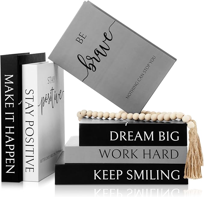 Menkxi 6 Aesthetic Decorative Books Set with Tassel Wood Bead Motivational Table Decor Encouragement Faux Book with Inspirational Design for Home Coffee Table Modern Decoration Photo Storage Box