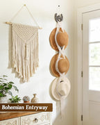 Macrame Wall Hat Rack Boho Hat Organizer Wall Mount with Cast Iron Horsehead Hanger Western Hat Holder for Women Wide Brimmed Fedora Straw Cowboy Hats Storage Back of Door Decorative Display