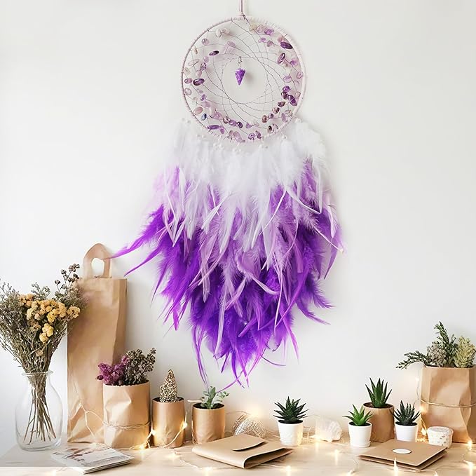 Purple Dream Catcher Wall Decor Feather Dream Catchers with Crystal Pendant Handmade Dreamcatcher Wall Hanging Ornament for Bedroom Living Room Home Decor