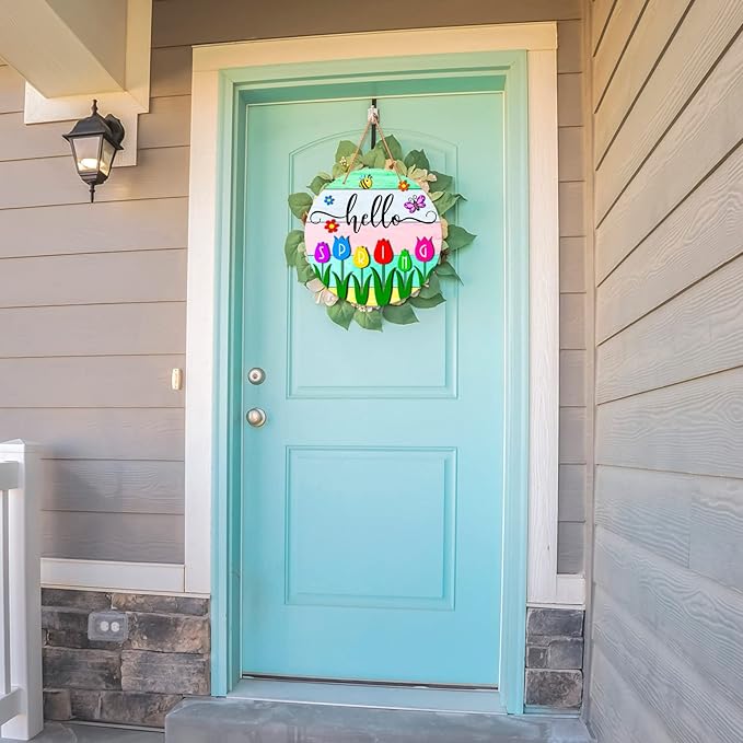 JUESMOS Hello Spring Door Decorations Colorful Tulip Flowers Spring Wreath Sign for Front Door Welcome Spring Door Sign Farmhouse Spring Decorations for Home Wreath Wall Porch Indoor Outdoor