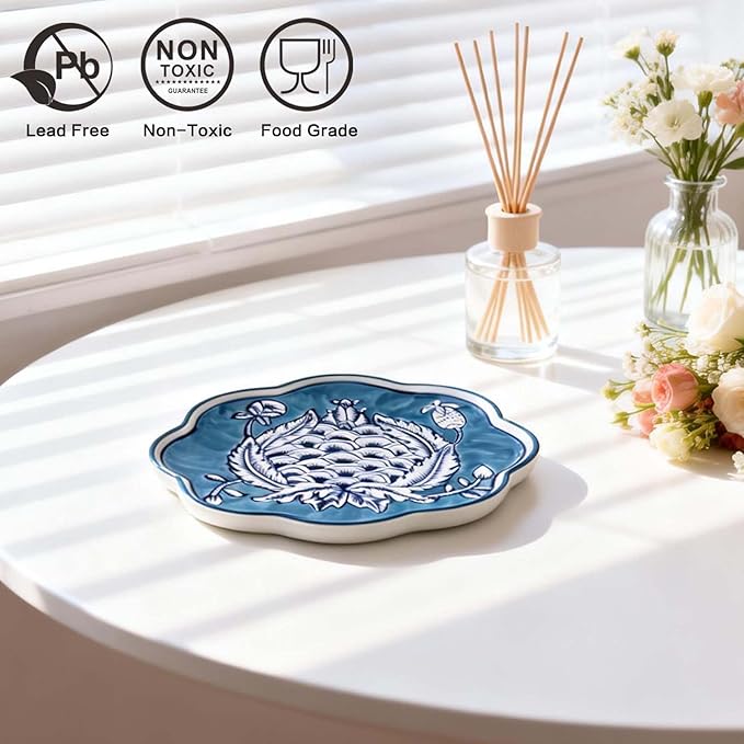 Hand-Painted Blue and White Ceramic Plate 6.7 Inch, Floral Chinoiserie Decorative Plate for Shelf Cabinet, Kitchen Dinnerware Dessert Cheese Sushi Snack Dishes, Great Housewarming Gift