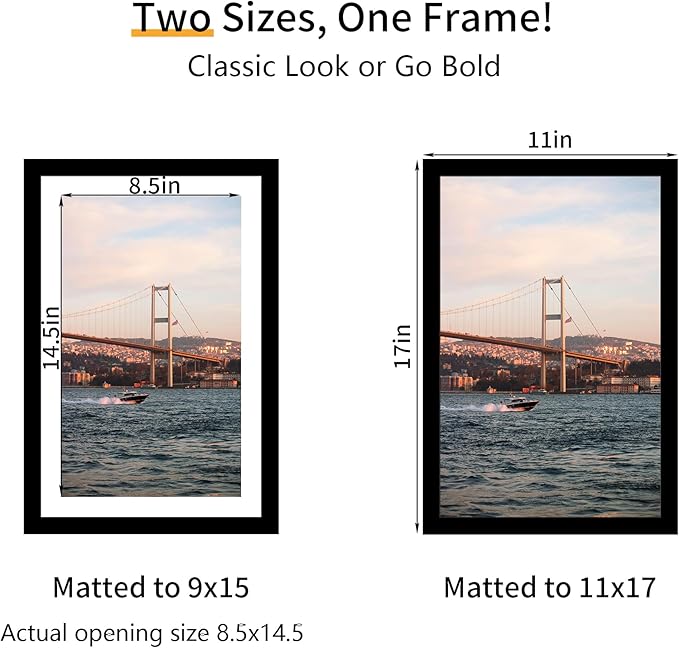 11x17 Picture Frame 3 Pack - Black Poster Frame Display Pictures 9x15 with Mat or 11 x 17 Without Mat for Wall Hanging Horizontal and Vertical