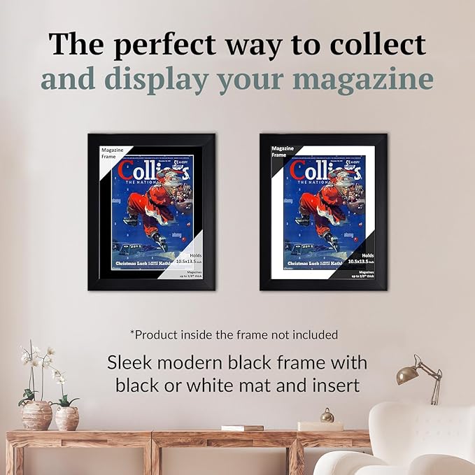 Creative Picture Frames 10.5 x 13.5 Magazine Frame with Full-Strength Glass, Holds Up To A 1/4" Thick Media with Installed Hangers for Easy Mounting, 12x15 Black Frame with Black Mat