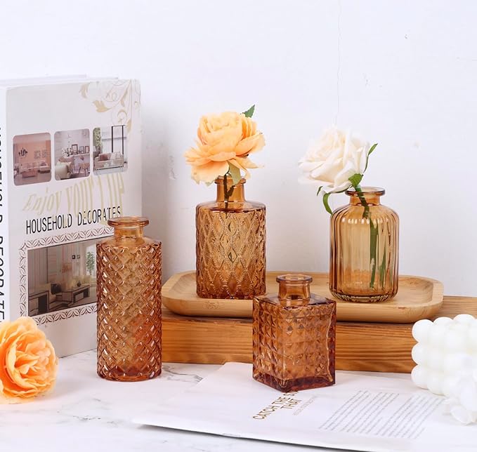 12 Pack Amber Gold Glass Bud Vase Set, Small Vintage Vases for Centerpieces, Decorative Flower Vases for Wedding Home Table Decor
