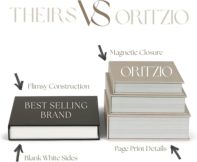 ORITZIO Oversized Set of 9 Faux Books with Hidden Storage (Black), Fashion Books, Coffee Table Accessory, Bookshelf Decor, Home Staging