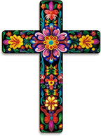 Putuo Decor Floral Cross Wall Decor Painted Decorative Wooden Inspirational Cross Spanish Style Wall Cross Decor Mexican Art Wall Decor Crucifix for Home Room Church Decoration