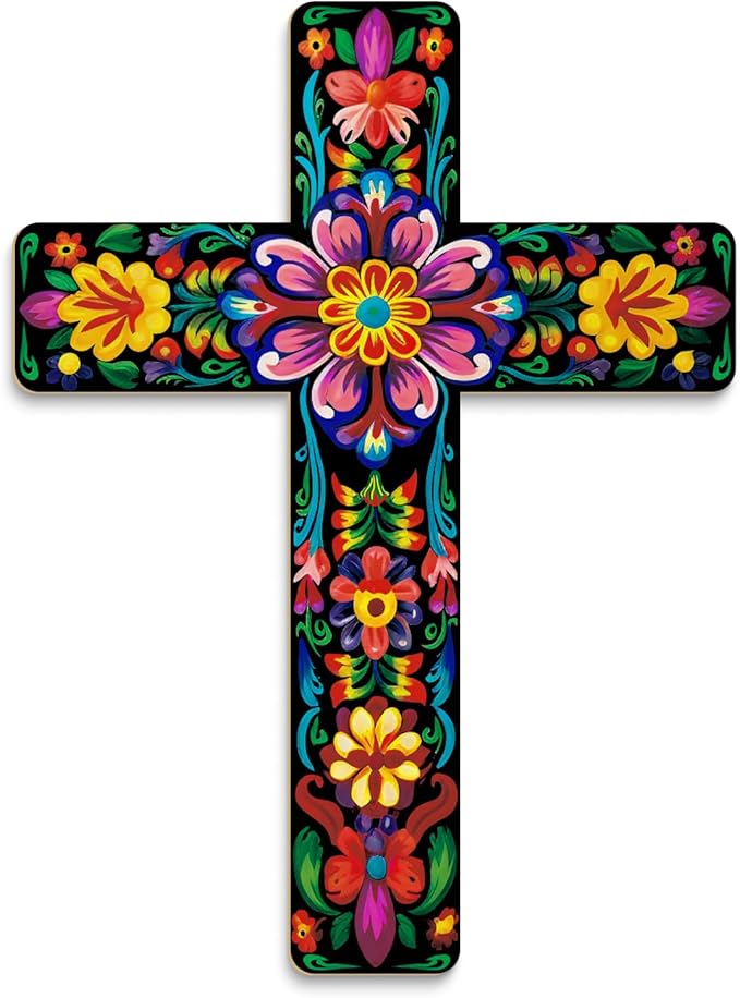 Putuo Decor Floral Cross Wall Decor Painted Decorative Wooden Inspirational Cross Spanish Style Wall Cross Decor Mexican Art Wall Decor Crucifix for Home Room Church Decoration