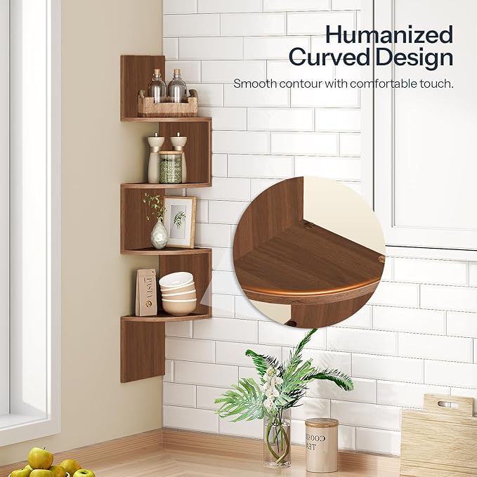 HOOBRO Corner Shelf Wall-Mounted, Set of 2 Floating Corner Shelves for Wall, 4-Tier Corner Bookshelves for Living Room, Bedroom, Bathroom, Home Office, Walnut WL25BJP201