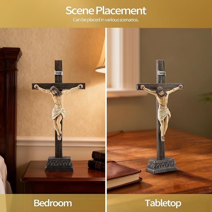 Magicsculp 10.8" H Jesus Crucifix Statue - Resin Standing Wall Cross Decoration, Praying Religious Figurine Jesus Christ Catholic Display, Hanging or Tabletop with Stand for Home Decor