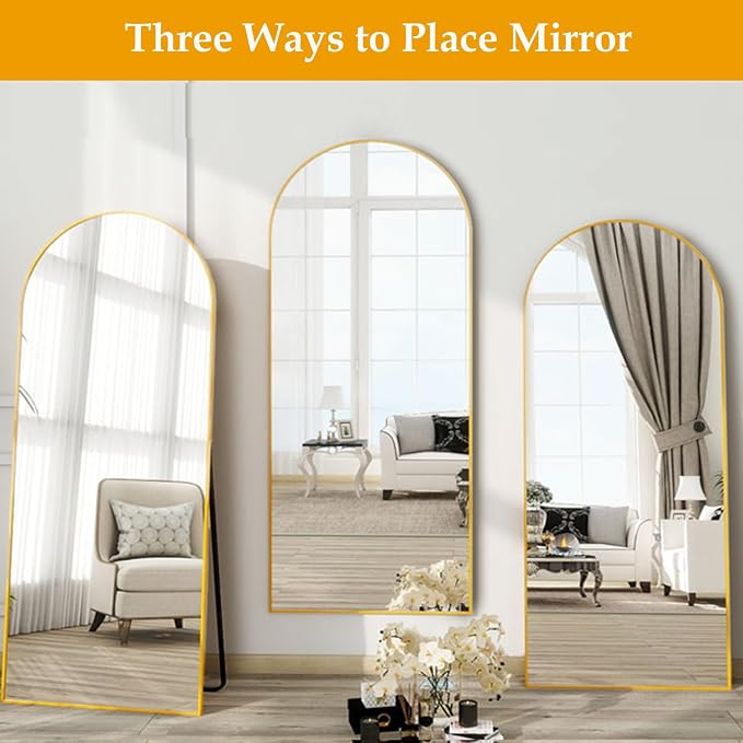 Dewfig Arched Full Length Mirror, 64"X21" Large Floor Mirror, Full Body Mirrors for Leaning or Hanging, Standing Mirrors for Bedroom, Living Room,Dressing Room, Aluminum Alloy Frame, Gold