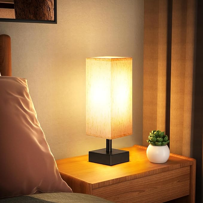 aooshine Small Table Lamp for Bedroom - Bedside Lamps for Nightstand, Minimalist Night Stand Light Lamp with Square Fabric Shade, Desk Reading Lamp for Kids Room Living Room Office Dorm