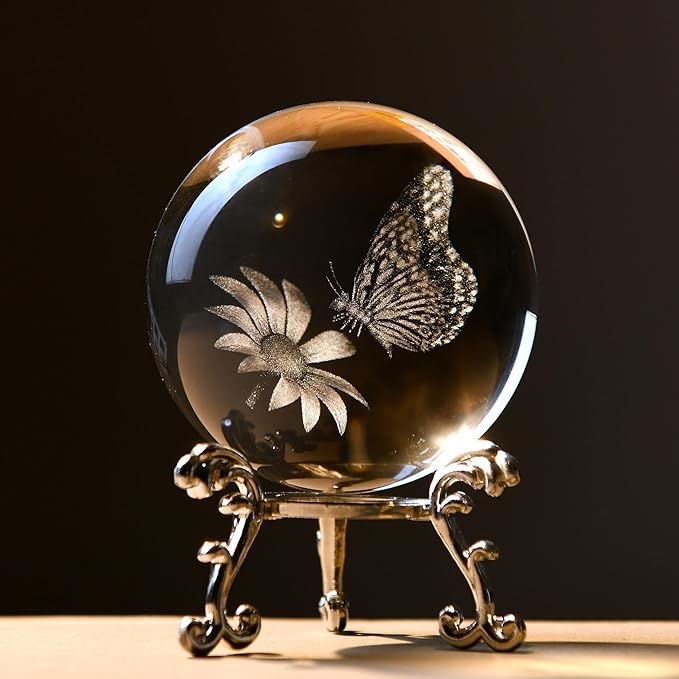 IFOLAINA 3D Butterfly Crystal Ball 60mm Gifts Ideas for Girlfriend Wife Mom Couple Her Butterfly on Sunflower in Glass Ball with Stand Flower Sphere Novelty Home Decor