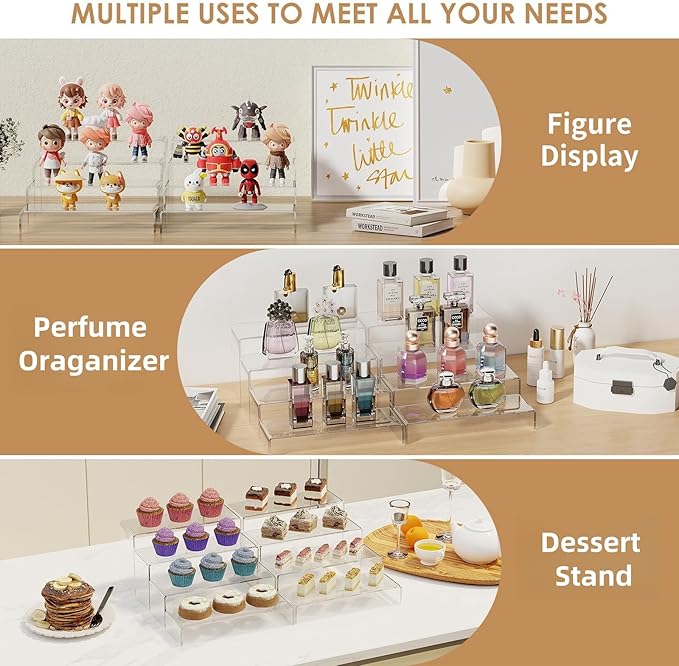 Anglelife Large Acrylic Risers, 8 Pcs 2 Set (7”L~8”L~9”L) Rectangular Stands Shelf Clear for Decor, Clear Display Risers Cake Shelves Retail Shoe Showcase