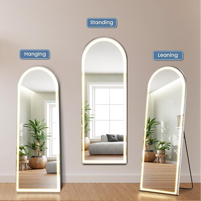 DUMOS Arched Full Length Mirror with Light, 20"x63" LED Floor Standing Mirror with 3 Color Lights & Wall Mounted for Bedroom, Dressing Room, Living Room, Bathroom