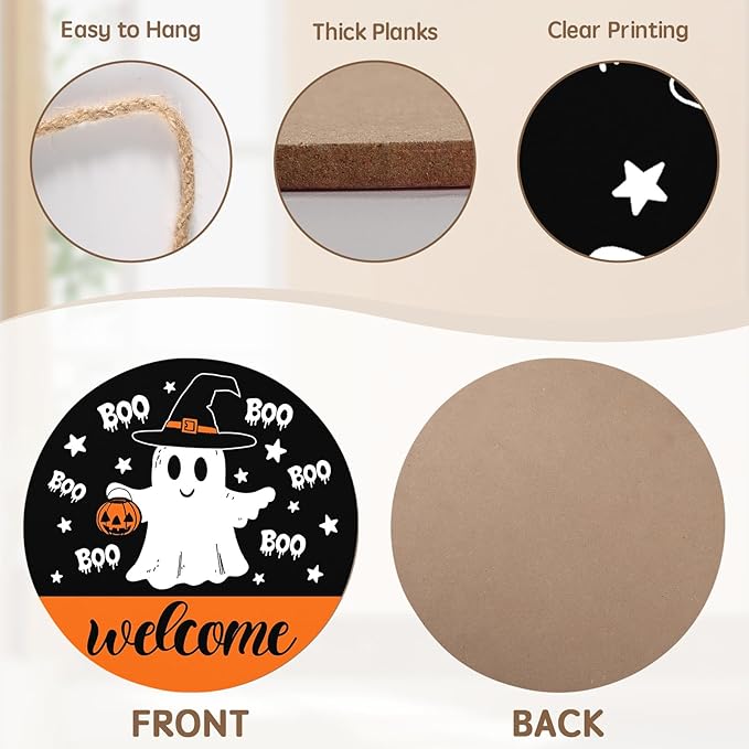 Halloween Door Decorations Cute Halloween Ghost Wreath Welcome Hey Boo Wood Hanger 12x12 Inch Farmhouse Holiday Wall Hanging Decorations for Home Porch Indoor Outdoor Party Supplies