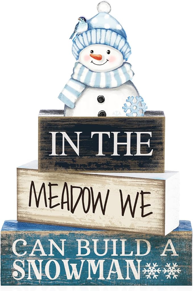 Yuntau 4 Pcs Winter Table Decoration Blue Snowman Decor Winter Tiered Tray Decor Christmas Centerpiece Decorative Wooden Snowman Block Sign Decoration for Home Kitchen