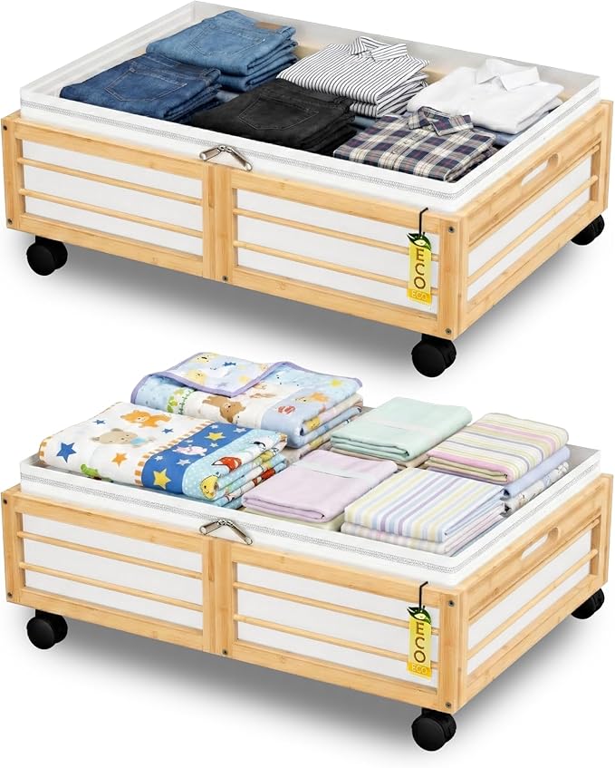 Under Bed Storage Containers with Wheels, Larger Bamboo Wood Under Furniture Storage Containers with Dust Bags，Rolling for Shoes Clothes