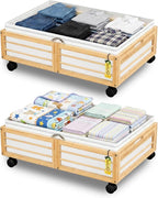 Under Bed Storage Containers with Wheels, Larger Bamboo Wood Under Furniture Storage Containers with Dust Bags，Rolling for Shoes Clothes