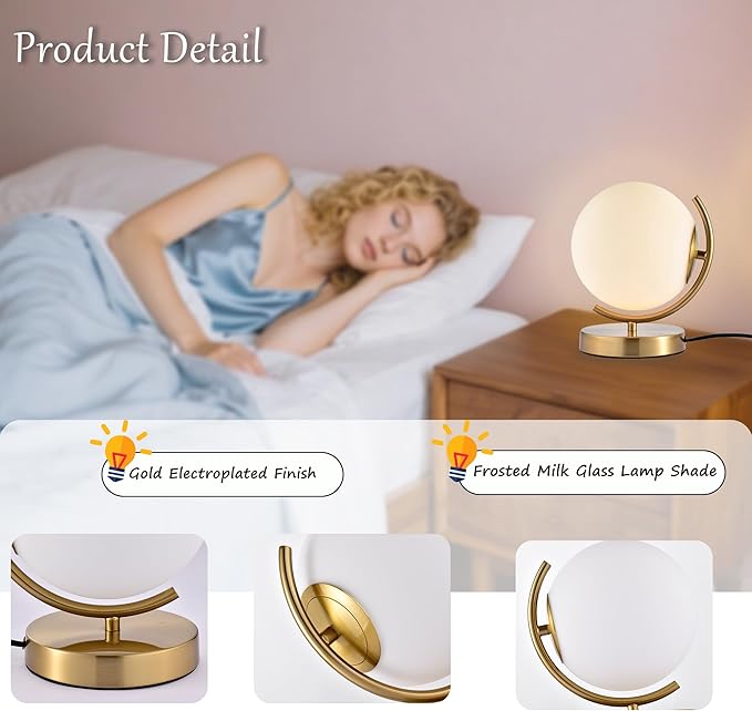 Gold Modern Globe Table Lamp with 7.1'' Glass Goble Shade Mid Century Table Lamps Desk lamp Metal Standing lamp for Bedroom Living Room Office