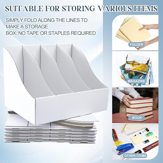 6 Pack Cardboard Magazine File Holders 24 Grids Vertical Book Bins 10.6'' x 10.2'' x 14'' Magazine Document Storage Box for Desk Shelves Home Office Classroom Library Use (White)