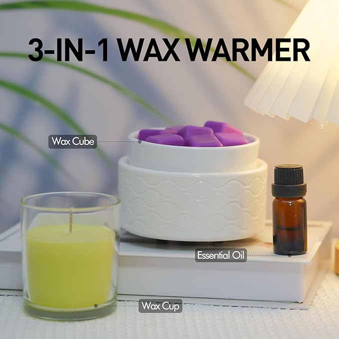 7-Color Changing Wax Melt Warmer, Modern Ripple Design 3-in-1 Electric Candle Warmer with Large Melting Dish, Ceramic Scented Wax Melter Essential Oil Burner for Home Aromatherapy, White
