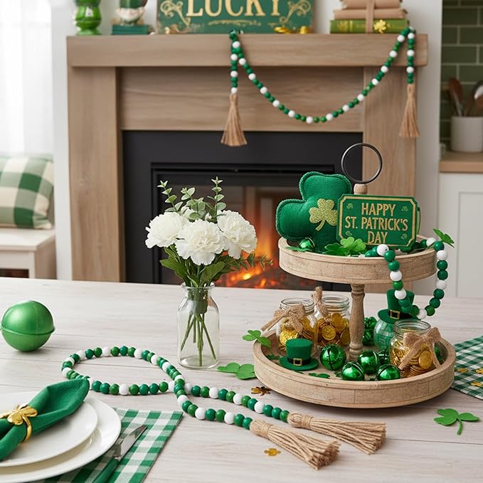 Equsion Seasonal Wooden Bead Garland with Tassels, 3.3 ft Holiday Vintage Boho Bead Garland Easter Tray Decoration, Vase Wall Room Art Birthday Party Decoration(Gradient Green)