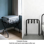 Folding Luggage Rack with Nylon Straps, Portable Suitcase Stand for Guest Room, Hotel, Bedroom, Camping, Travel Suitcase Holder, Black Metal Frame, 27.5 x 14.2 x 20.7 Inches
