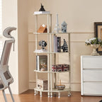 YUFAM 5-Tier Corner Shelf with Sturdy 5-Leg Base, Wooden Corner Bookshelf for Small Spaces, Corner Standing Shelf for Living Room, Bedroom, Office, Grey White