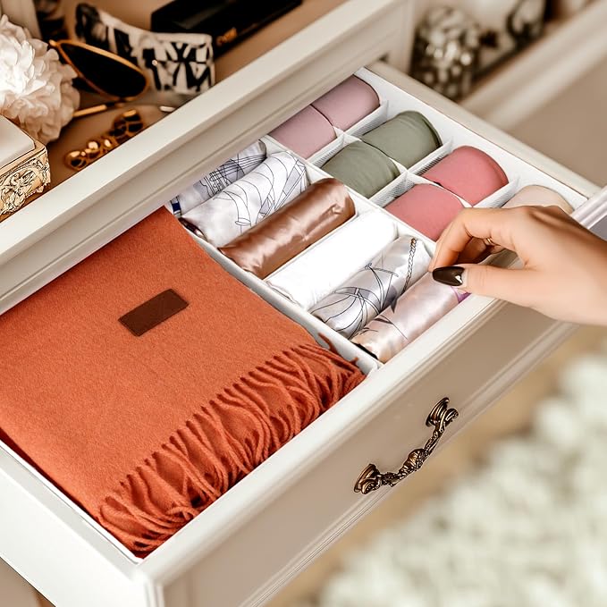 Criusia Underwear Sock Drawer Organizer Dividers 8 Set, Foldable Dresser Closet Organizers and Storage Bins for Baby Clothing, Sock, Underwear, Bra, Ties, Scarf (White)