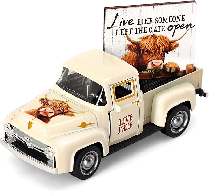 Huray Rayho Highland Cow Metal Truck Decor - with Live Like Someone Left The Gate Open Wooden Sign, Highland Cow Gifts Stuff for Women Farmhouse Western Office Decor for Home,Shelf,Tiered Tray,Table