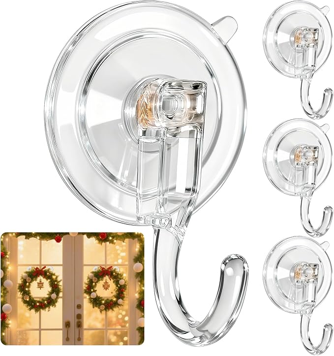 HEYHOUSE Wreath Hangers for Front Door, Clear Suction-Cup-Hooks Wreath-Door-Hanger on Glass Window,Easter Valentine’s Decorations Indoor Outdoor Over The Doors Hooks,Removable and Reusable, 4 Pack
