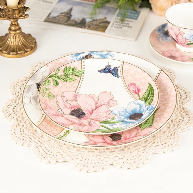 KAMMAK Ceramic Decorative Plate Set of 2, Porcelain Plates for Kitchen Dining Room Wine Cabinet Home Decor, Vintage Collector Plates with 2 Display Stand, Pink (8-inch + 10.5-inch)