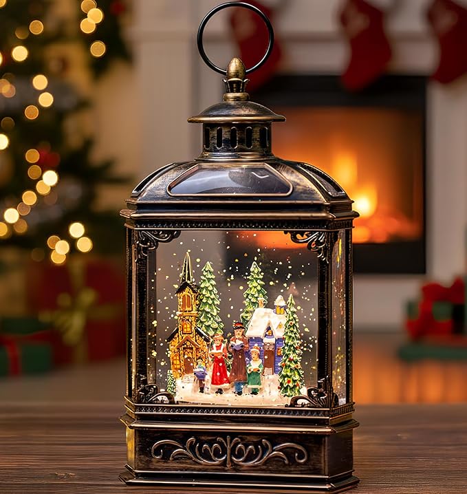 Christmas Snow Globe Lantern Water Glittering Town Home with Carolers, Music & Timer, USB Lined/Battery Operated Lighted Lantern for Christmas Festival Decoration Gifts