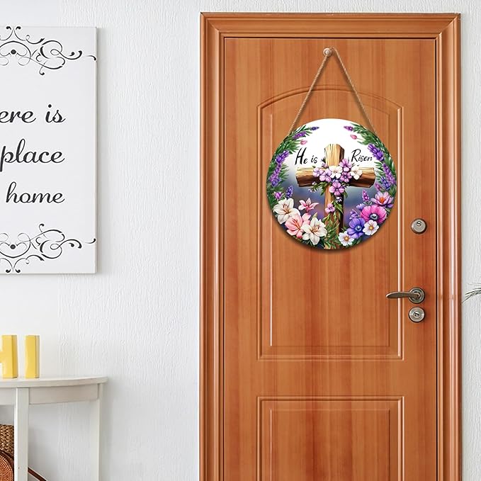 Harooni Easter Cross Sign, 12inch Bright/Vibrant Wooden Wall Mount Rustic Sign with 'He is Risen', Includes Twine, 12x12 inches