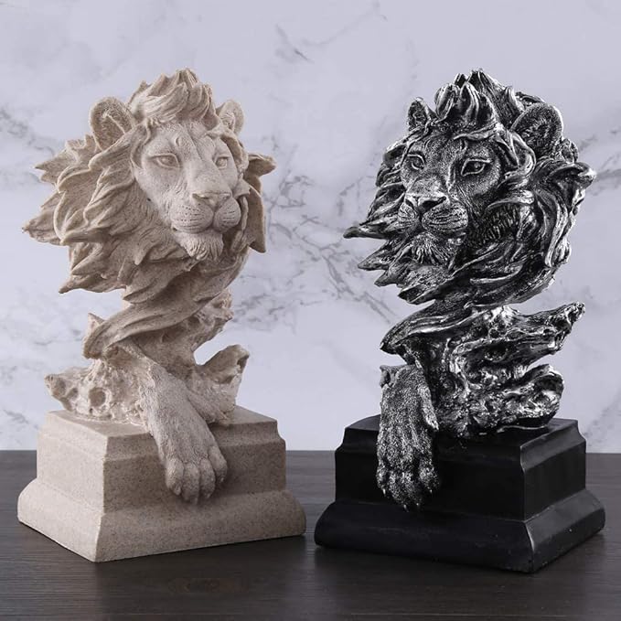 H&W Sandstone Lion Figurines - The King of Beasts - Statue Decoration for Home/Study/Living Room, Great Collectible Figurines, Best Gift for The Man, Silver Color (HH17-D3)