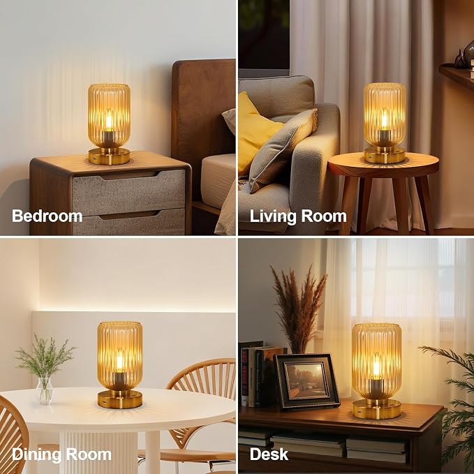 LightRound Table Lamp for Bedroom, Cordless Small Bedside Lamp, Touch Dimmable Rechargeable Lamp Battery Operated with Amber Glass Shades for Night Stands, Living Room, Desk, Bulb Included