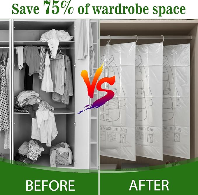 6 Pack Hanging Vacuum Storage Bag, 43.3 x 27.6 inch Hanging Vacuum Sealer Storage Space Saver Bags, Reusable Space Saver Bags, for Suits, Dress, Jackets, Clear